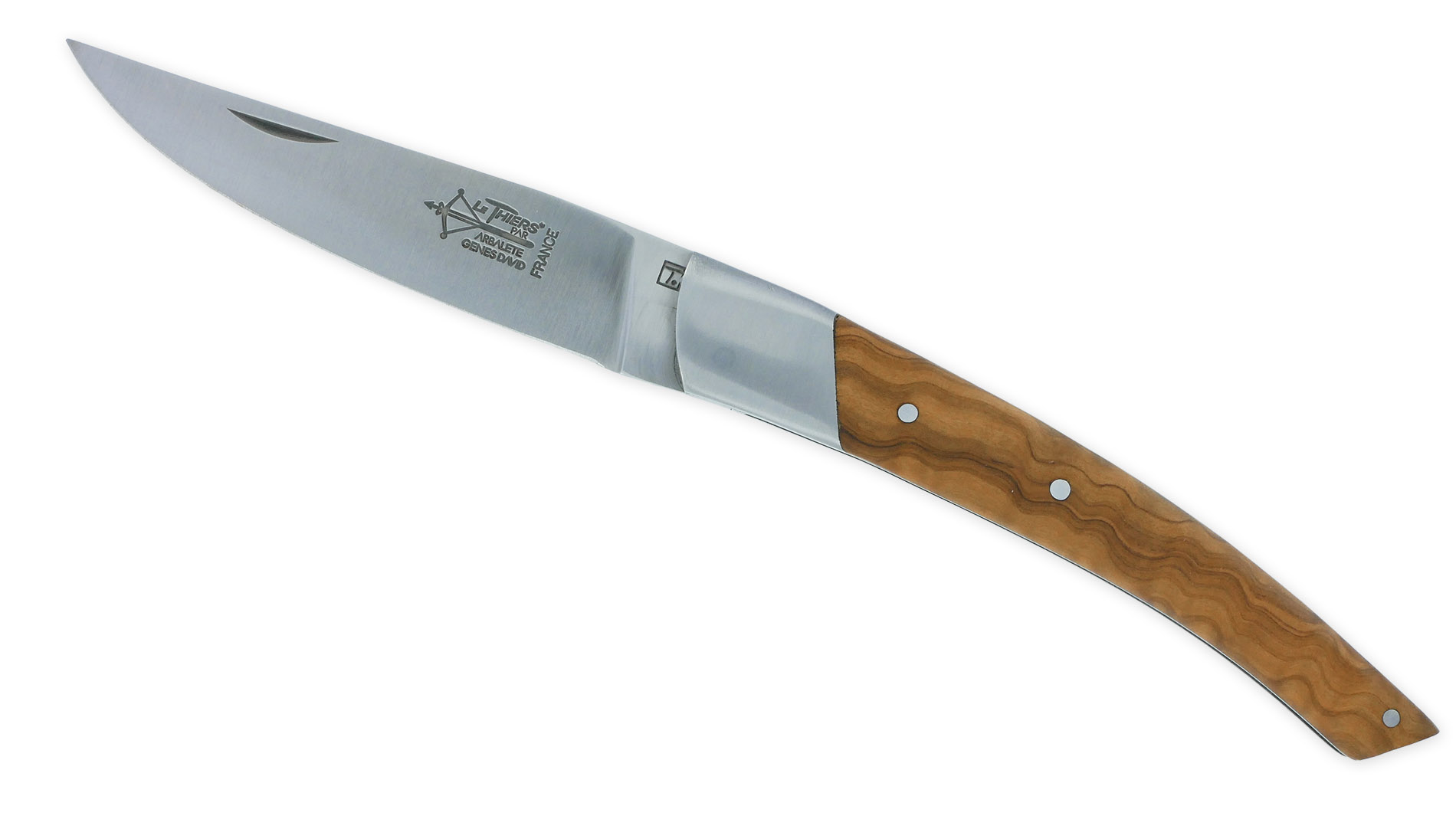 Couteau le Thiers Laguiole Arbalète Manche Olivier Ressort Guilloché 1 Mitre 12 cm Finition Brossée