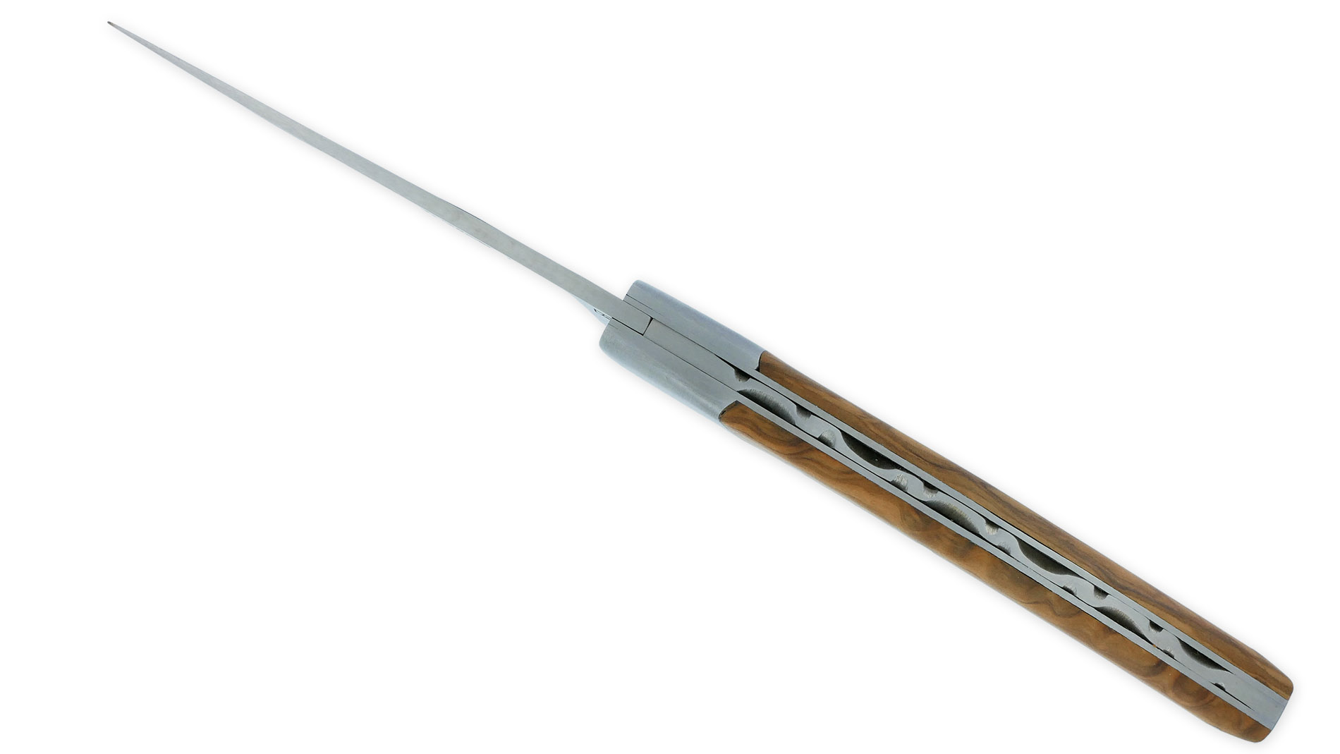 Couteau le Thiers Laguiole Arbalète Manche Olivier Ressort Guilloché 1 Mitre 12 cm Finition Brossée