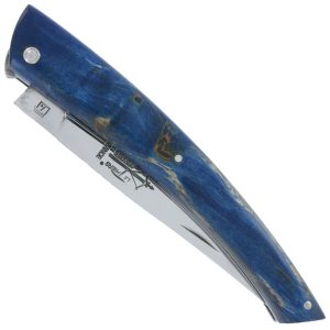 Couteau le Thiers Laguiole Arbalète Plein Manche Bouleau Stabilisé Bleu Ressort Guilloché Finition brillante 12cm
