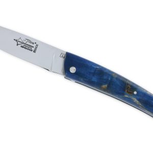 Couteau le Thiers Laguiole Arbalète Plein Manche Bouleau Stabilisé Bleu Ressort Guilloché Finition brillante 12cm