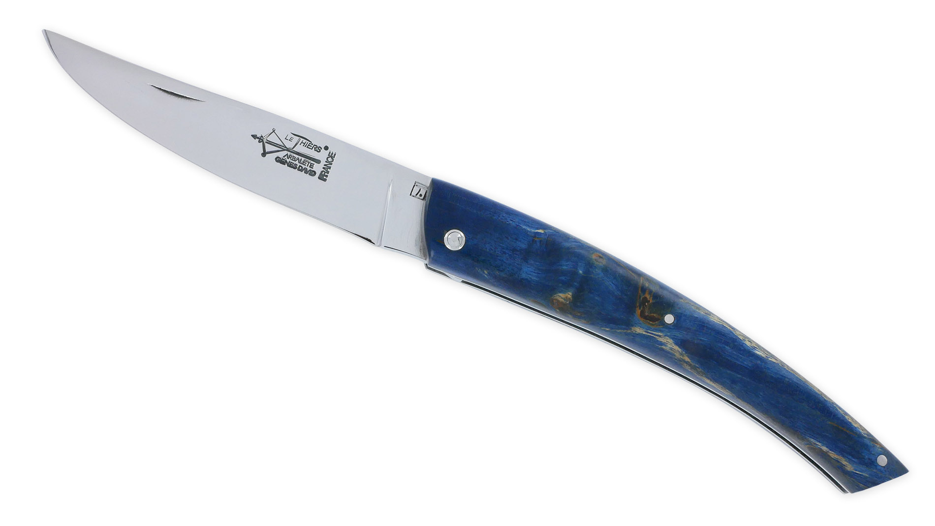Couteau le Thiers Laguiole Arbalète Plein Manche Bouleau Stabilisé Bleu Ressort Guilloché Finition brillante 12cm