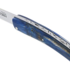 Couteau le Thiers Laguiole Arbalète Plein Manche Bouleau Stabilisé Bleu Ressort Guilloché Finition brillante 12cm