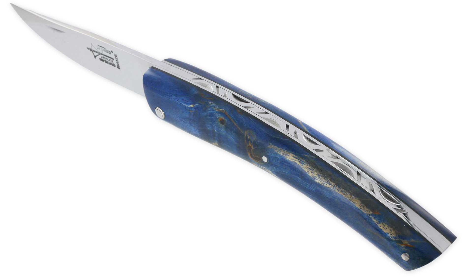 Couteau le Thiers Laguiole Arbalète Plein Manche Bouleau Stabilisé Bleu Ressort Guilloché Finition brillante 12cm