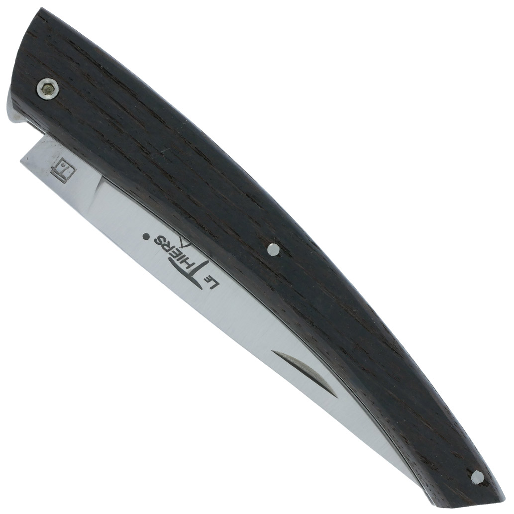 Couteau le Thiers Laguiole Arbalète Plein Manche Chêne de Barrique Ressort Guilloché Finition Brossée 12cm