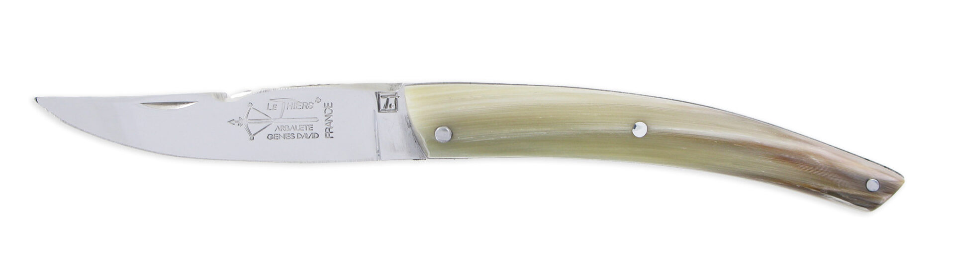 Couteau Le Thiers Laguiole Arbalète Plein Manche en Pointe de Corne ( Très Petit Couteau 8 cm)