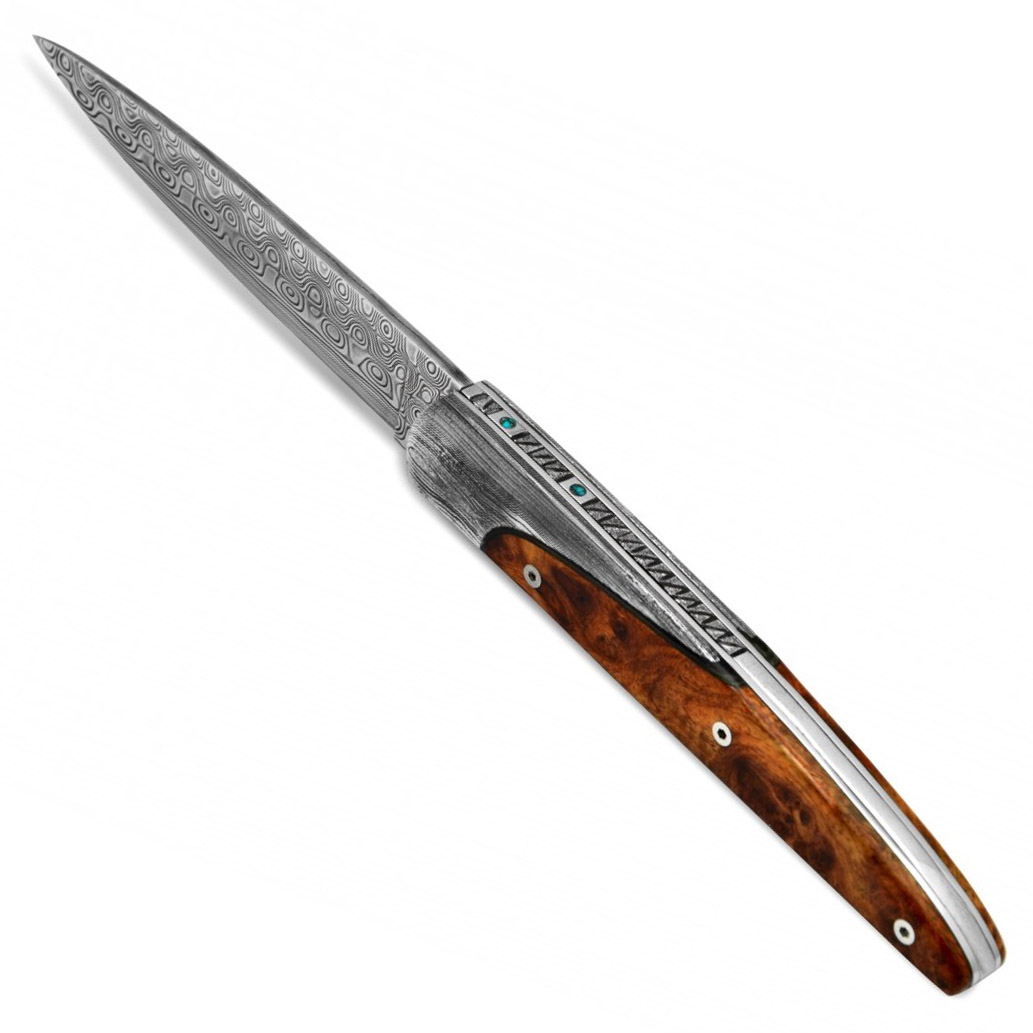 Couteau Prestige Arbalète Coutellia Lame Damas Twist Mitres Damas Manche en Bois de Thuya 1 Pièce 12cm