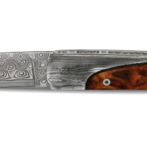 Couteau Prestige Arbalète Coutellia Lame Damas Twist Mitres Damas Manche en Bois de Thuya 1 Pièce 12cm
