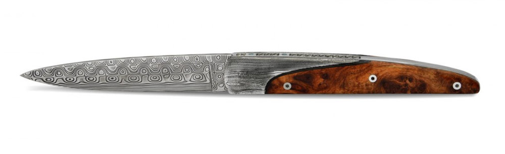 Couteau Prestige Arbalète Coutellia Lame Damas Twist Mitres Damas Manche en Bois de Thuya 1 Pièce 12cm