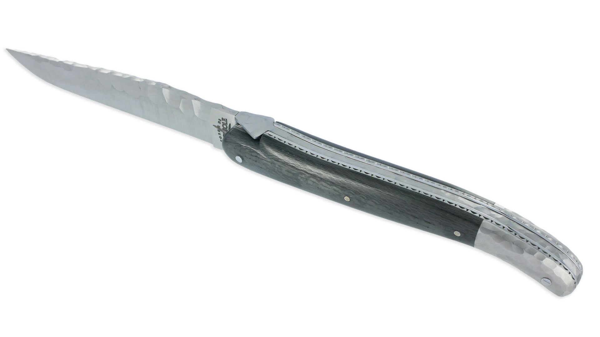 Couteau Prestige Forge de Laguiole Rambaud Mitre Arrière manche Fibre Carbone Double Platines Finition Silex