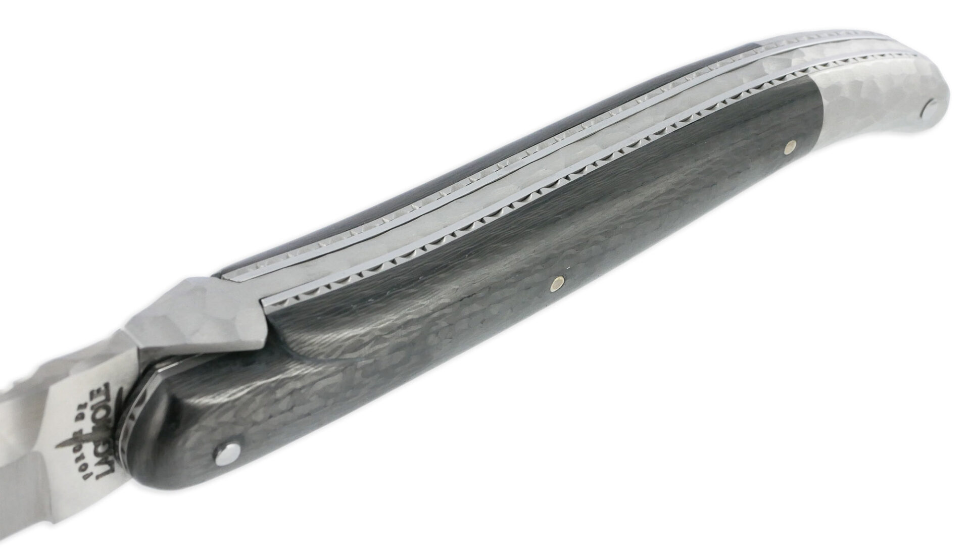 Couteau Prestige Forge de Laguiole Rambaud Mitre Arrière manche Fibre Carbone Double Platines Finition Silex