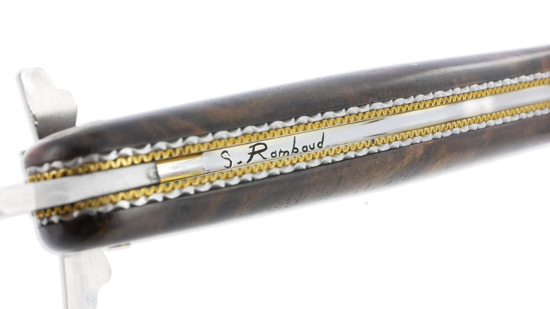 Couteau Prestige Forge de Laguiole Rambaud Plein Manche Double Platines en Noyer Envol de l’Abeille 3D