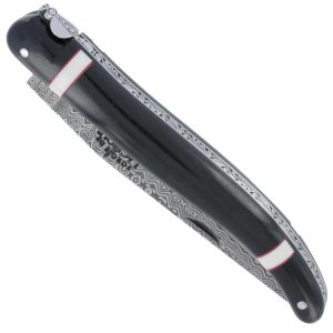 Couteau Prestige Forge de Laguiole Rambaud Plein Manche Ebene insertions bagues os et rouge Lame Damas