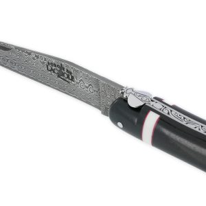 Couteau Prestige Forge de Laguiole Rambaud Plein Manche Ebene insertions bagues os et rouge Lame Damas