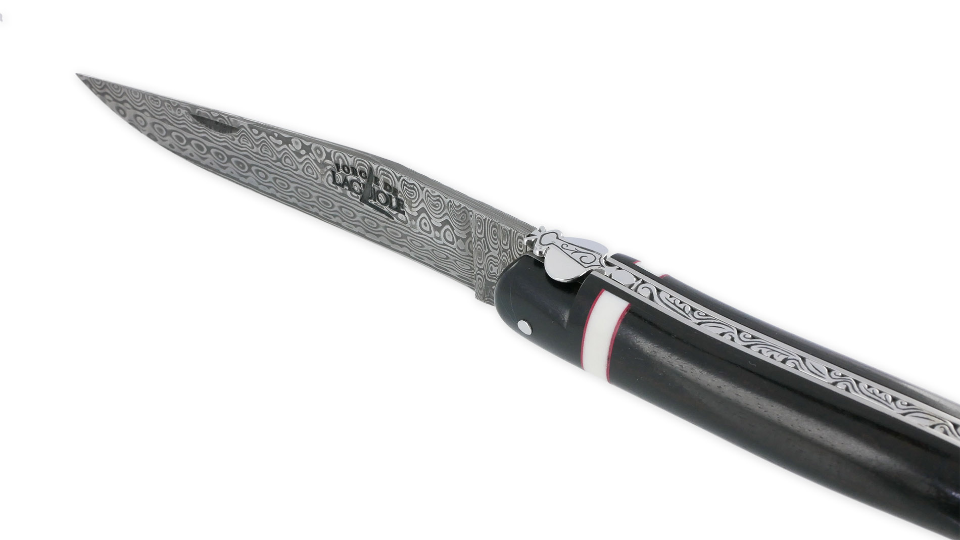 Couteau Prestige Forge de Laguiole Rambaud Plein Manche Ebene insertions bagues os et rouge Lame Damas
