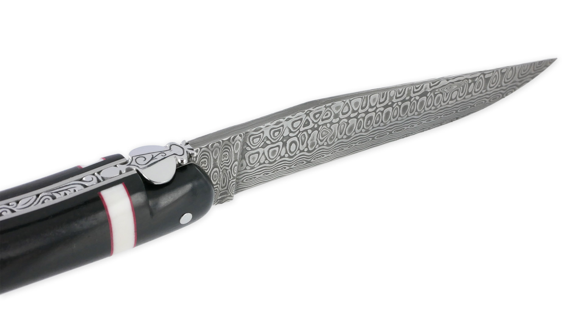 Couteau Prestige Forge de Laguiole Rambaud Plein Manche Ebene insertions bagues os et rouge Lame Damas