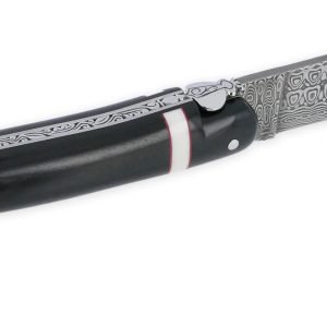 Couteau Prestige Forge de Laguiole Rambaud Plein Manche Ebene insertions bagues os et rouge Lame Damas