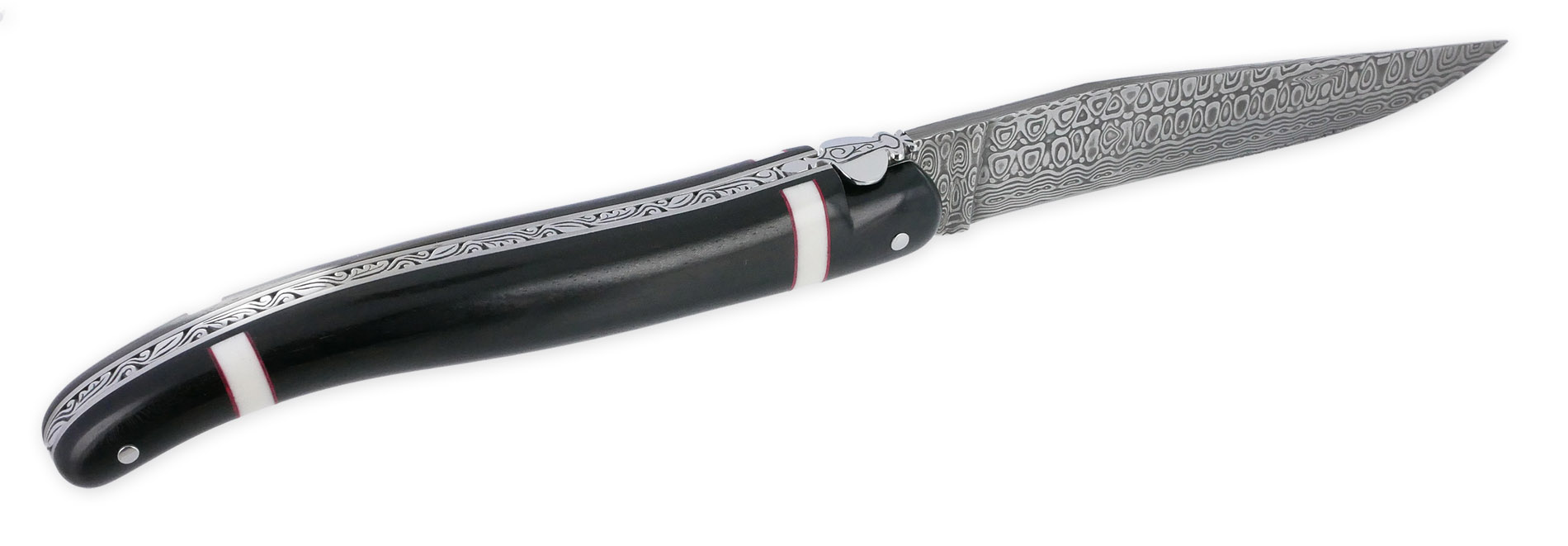 Couteau Prestige Forge de Laguiole Rambaud Plein Manche Ebene insertions bagues os et rouge Lame Damas