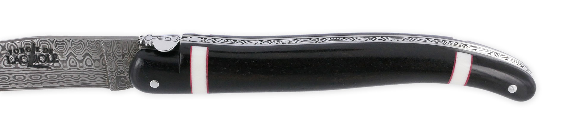 Couteau Prestige Forge de Laguiole Rambaud Plein Manche Ebene insertions bagues os et rouge Lame Damas