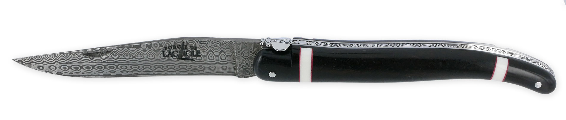 Couteau Prestige Forge de Laguiole Rambaud Plein Manche Ebene insertions bagues os et rouge Lame Damas