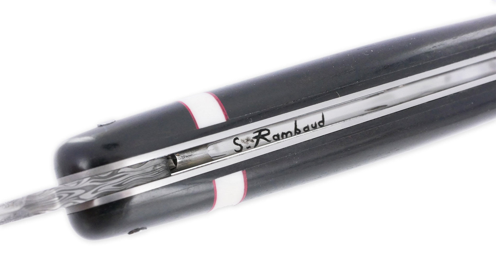 Couteau Prestige Forge de Laguiole Rambaud Plein Manche Ebene insertions bagues os et rouge Lame Damas