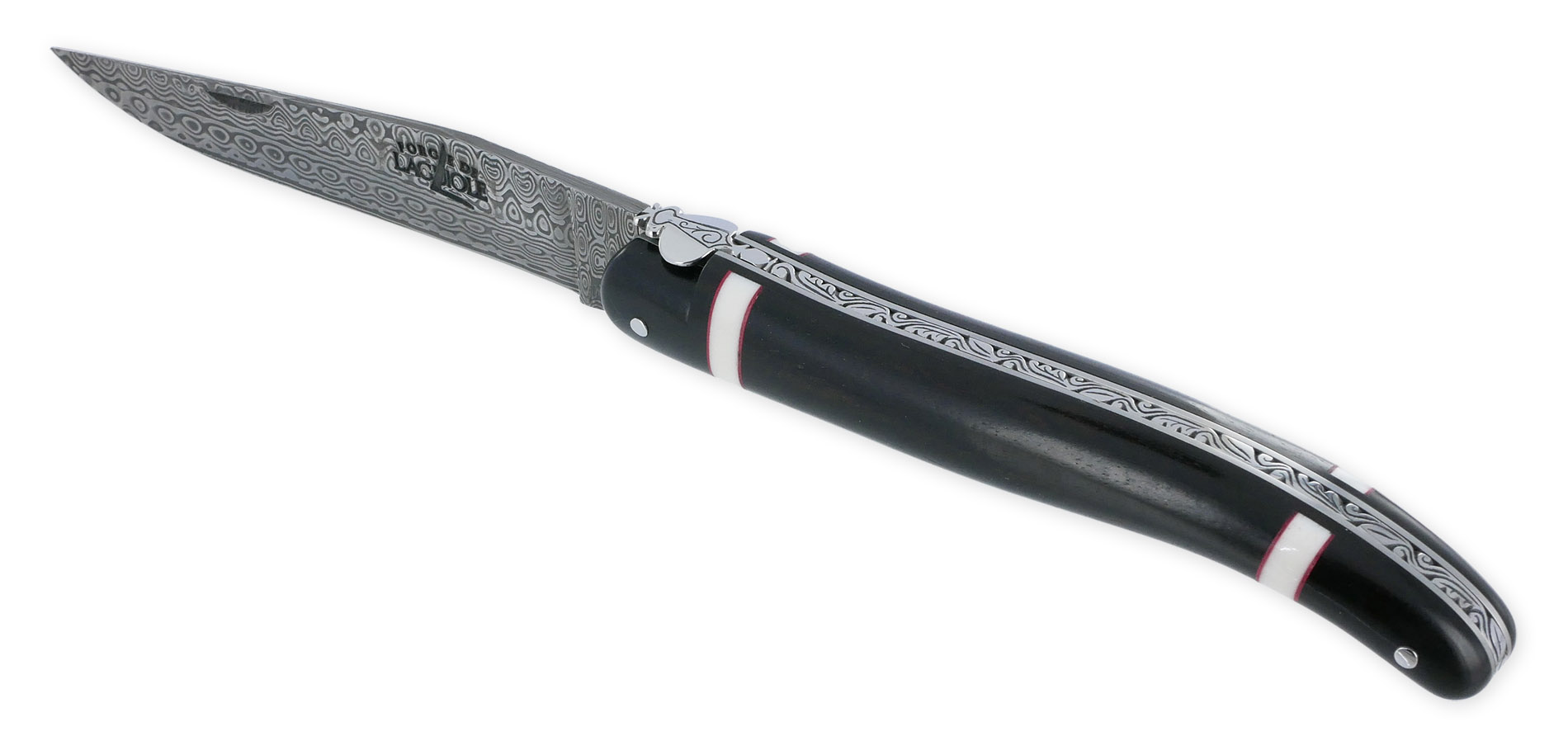 Couteau Prestige Forge de Laguiole Rambaud Plein Manche Ebene insertions bagues os et rouge Lame Damas
