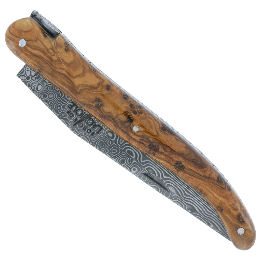 Couteau Prestige Forge de Laguiole Rambaud Plein Manche en Olivier Double Platines Lame Damas