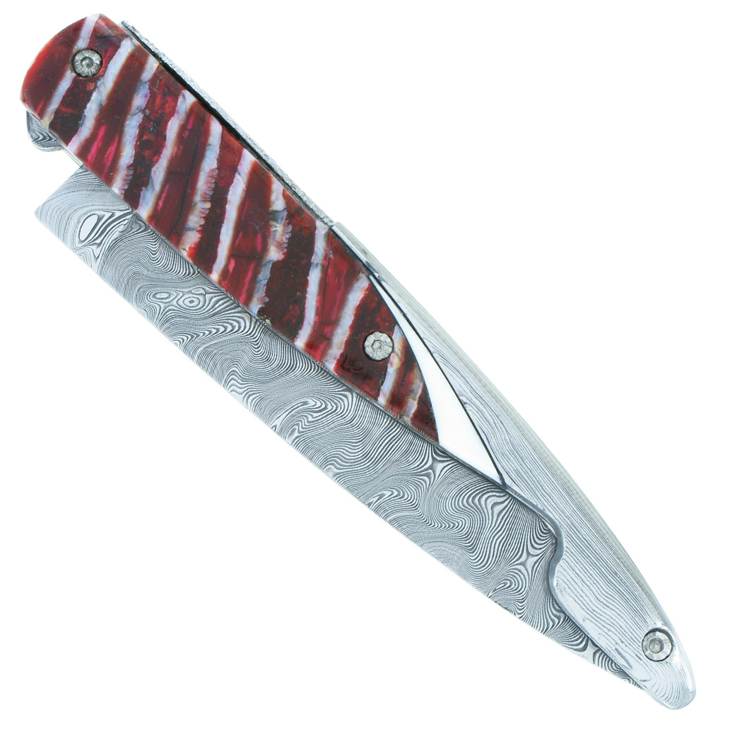 Couteau Prestige Laguiole Arbalète Le Joyaux de la Couronne Manche en Molaire de Mammouth Rouge 1 Mitre Damas 1 Pièce 12cm