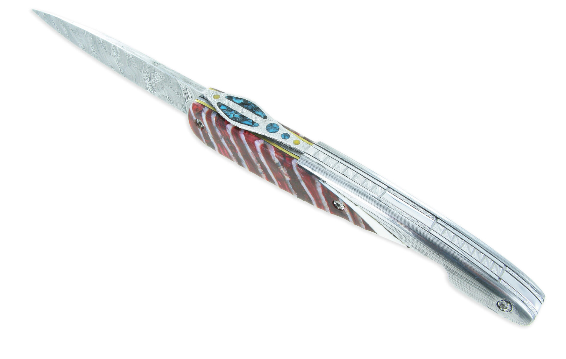 Couteau Prestige Laguiole Arbalète Le Joyaux de la Couronne Manche en Molaire de Mammouth Rouge 1 Mitre Damas 1 Pièce 12cm