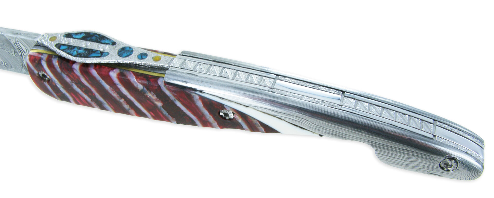 Couteau Prestige Laguiole Arbalète Le Joyaux de la Couronne Manche en Molaire de Mammouth Rouge 1 Mitre Damas 1 Pièce 12cm
