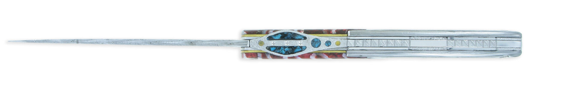 Couteau Prestige Laguiole Arbalète Le Joyaux de la Couronne Manche en Molaire de Mammouth Rouge 1 Mitre Damas 1 Pièce 12cm