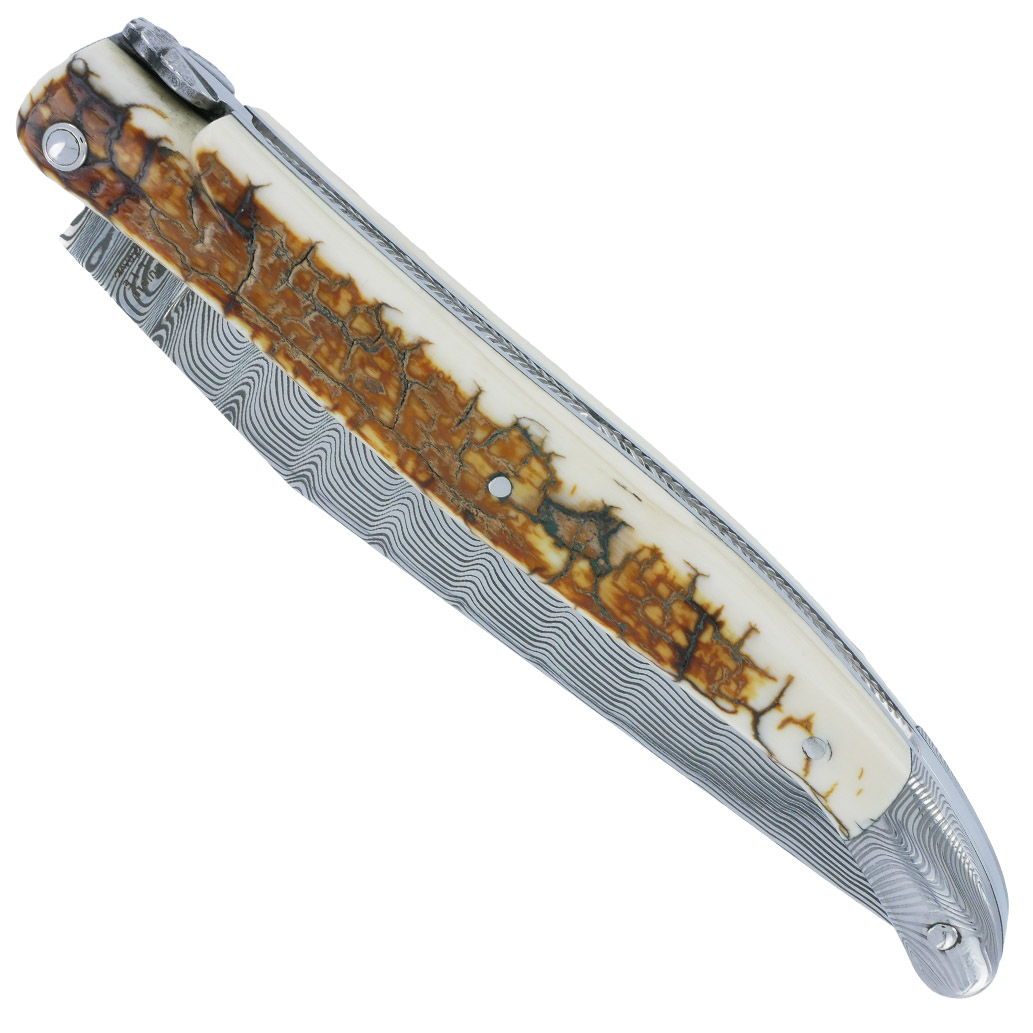 Couteau Prestige Laguiole Arbalète Manche en Ivoire de Mammouth 1 Mitre Damas 1 Pièce 12cm
