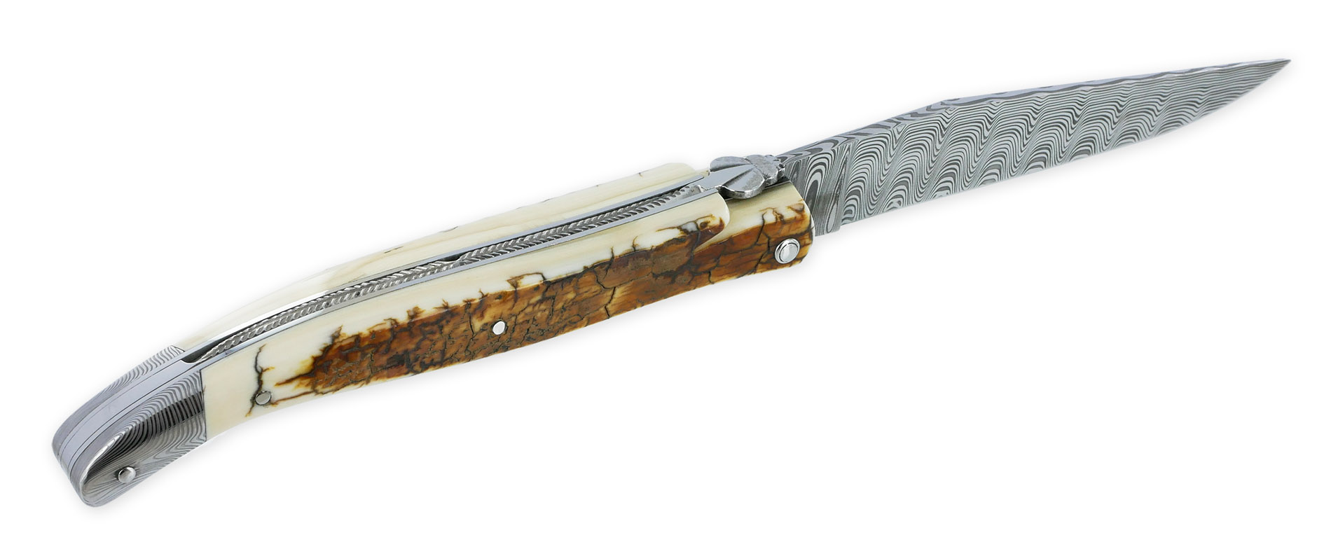 Couteau Prestige Laguiole Arbalète Manche en Ivoire de Mammouth 1 Mitre Damas 1 Pièce 12cm