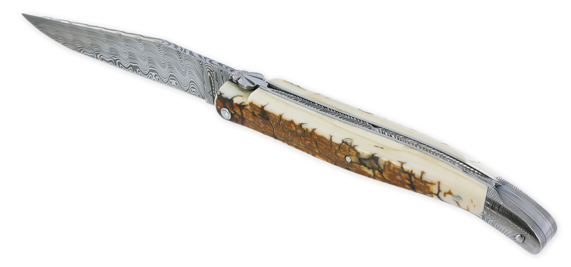 Couteau Prestige Laguiole Arbalète Manche en Ivoire de Mammouth 1 Mitre Damas 1 Pièce 12cm