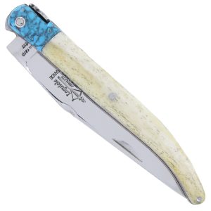 Couteau Prestige Laguiole Arbalète Manche en Os de Girafe Mitre Turquoise 1 Pièce Inox Brillant 12cm