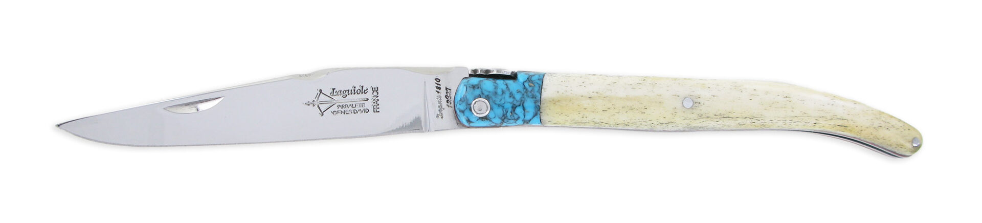 Couteau Prestige Laguiole Arbalète Manche en Os de Girafe Mitre Turquoise 1 Pièce Inox Brillant 12cm