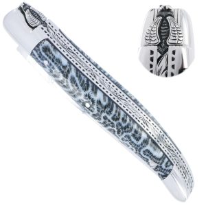 Couteau Prestige Laguiole David Dauvillaire Manche en Corail Noir 1 Pièce 12 cm Triples Platines 2 Mitres Inox brillant