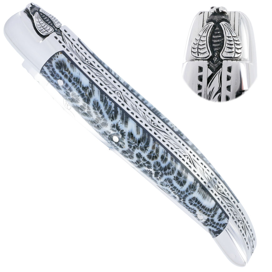 Couteau Prestige Laguiole David Dauvillaire Manche en Corail Noir 1 Pièce 12 cm Triples Platines 2 Mitres Inox brillant