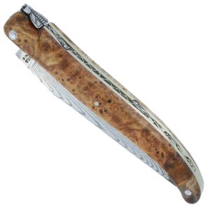 Couteau Prestige Laguiole en Aubrac 1 Pièce 12 cm Plein Manche en Loupe de Marronnier Double Patines Lame Damas