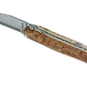 Couteau Prestige Laguiole en Aubrac 1 Pièce 12 cm Plein Manche en Loupe de Marronnier Double Patines Lame Damas