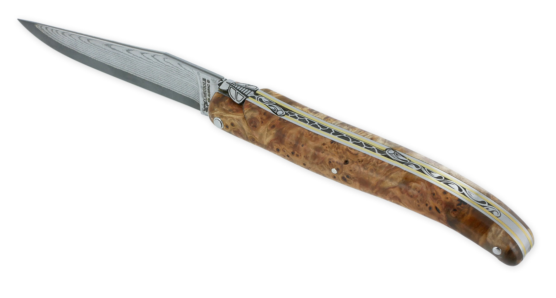 Couteau Prestige Laguiole en Aubrac 1 Pièce 12 cm Plein Manche en Loupe de Marronnier Double Patines Lame Damas