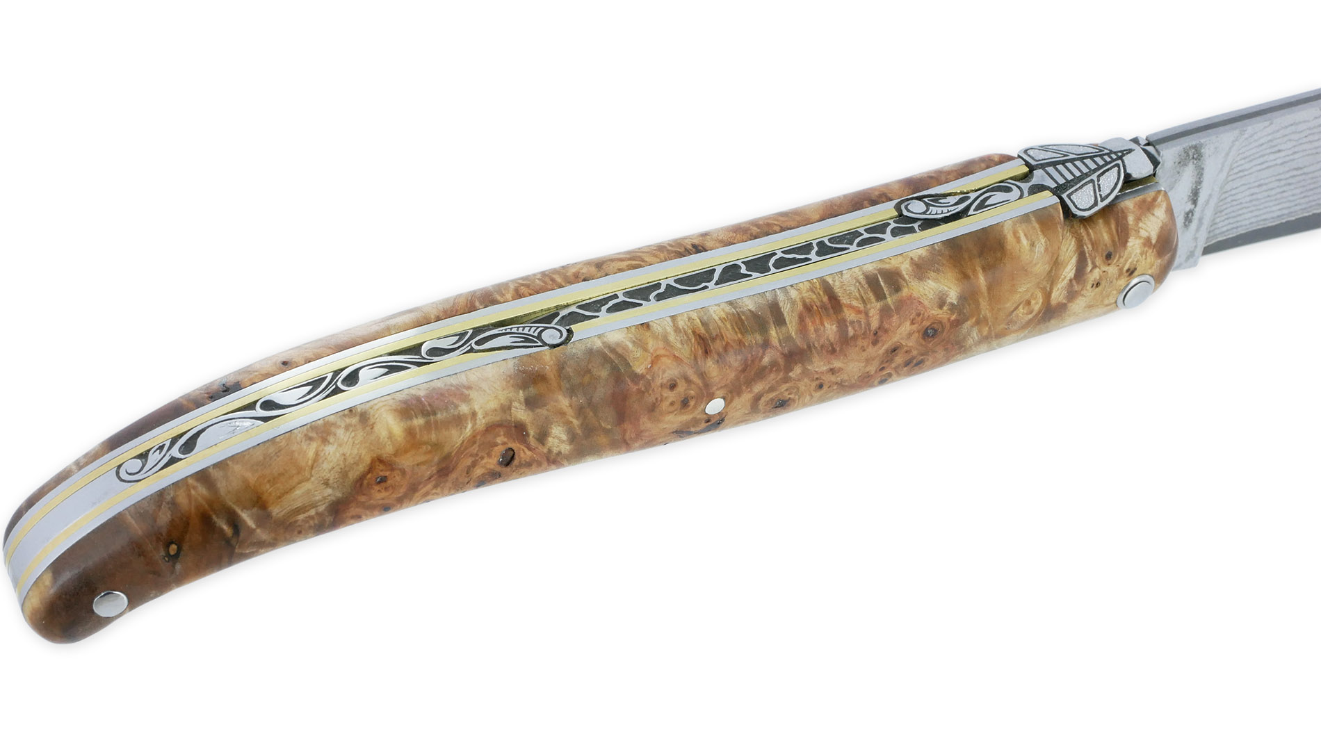 Couteau Prestige Laguiole en Aubrac 1 Pièce 12 cm Plein Manche en Loupe de Marronnier Double Patines Lame Damas