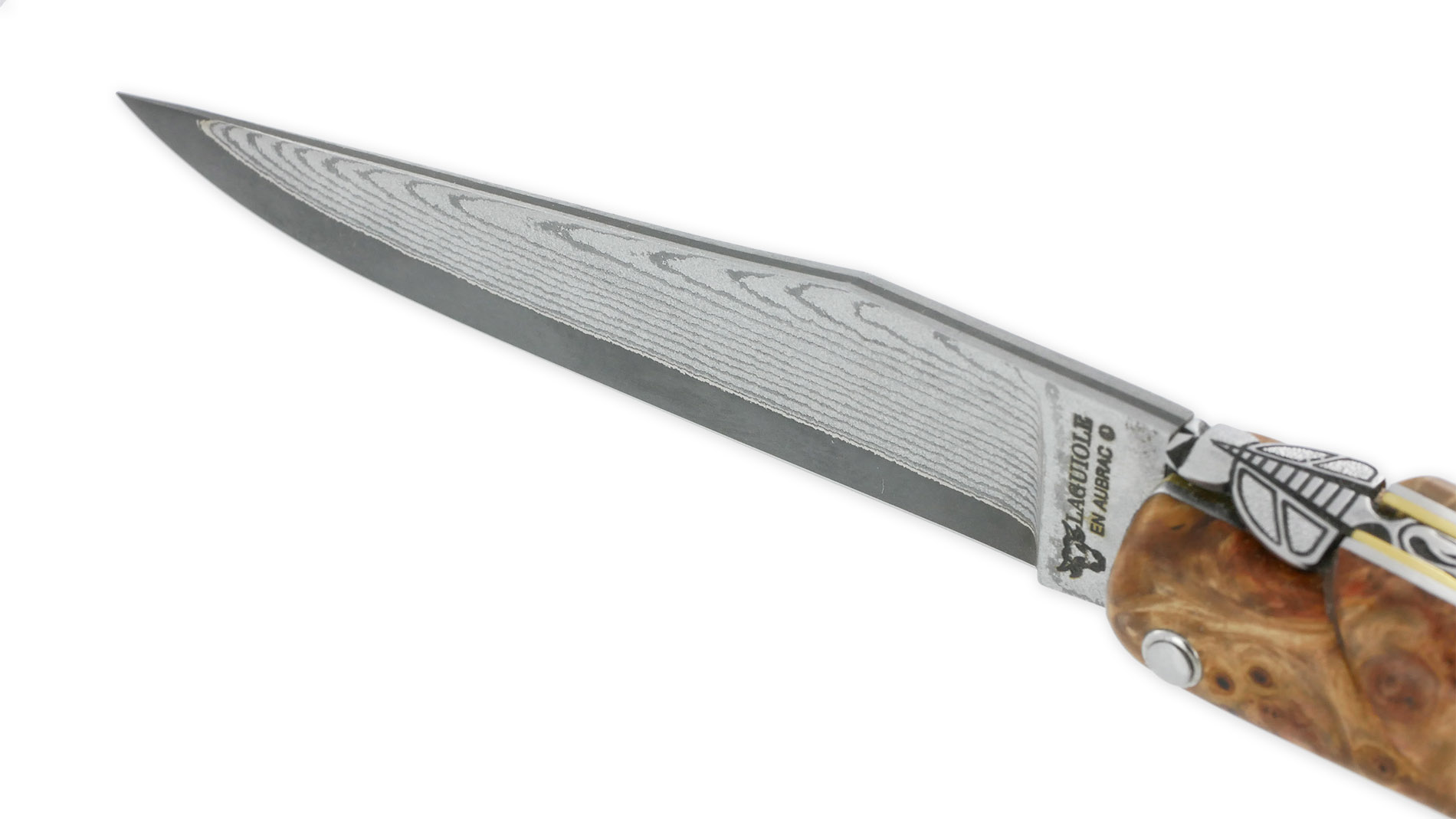 Couteau Prestige Laguiole en Aubrac 1 Pièce 12 cm Plein Manche en Loupe de Marronnier Double Patines Lame Damas