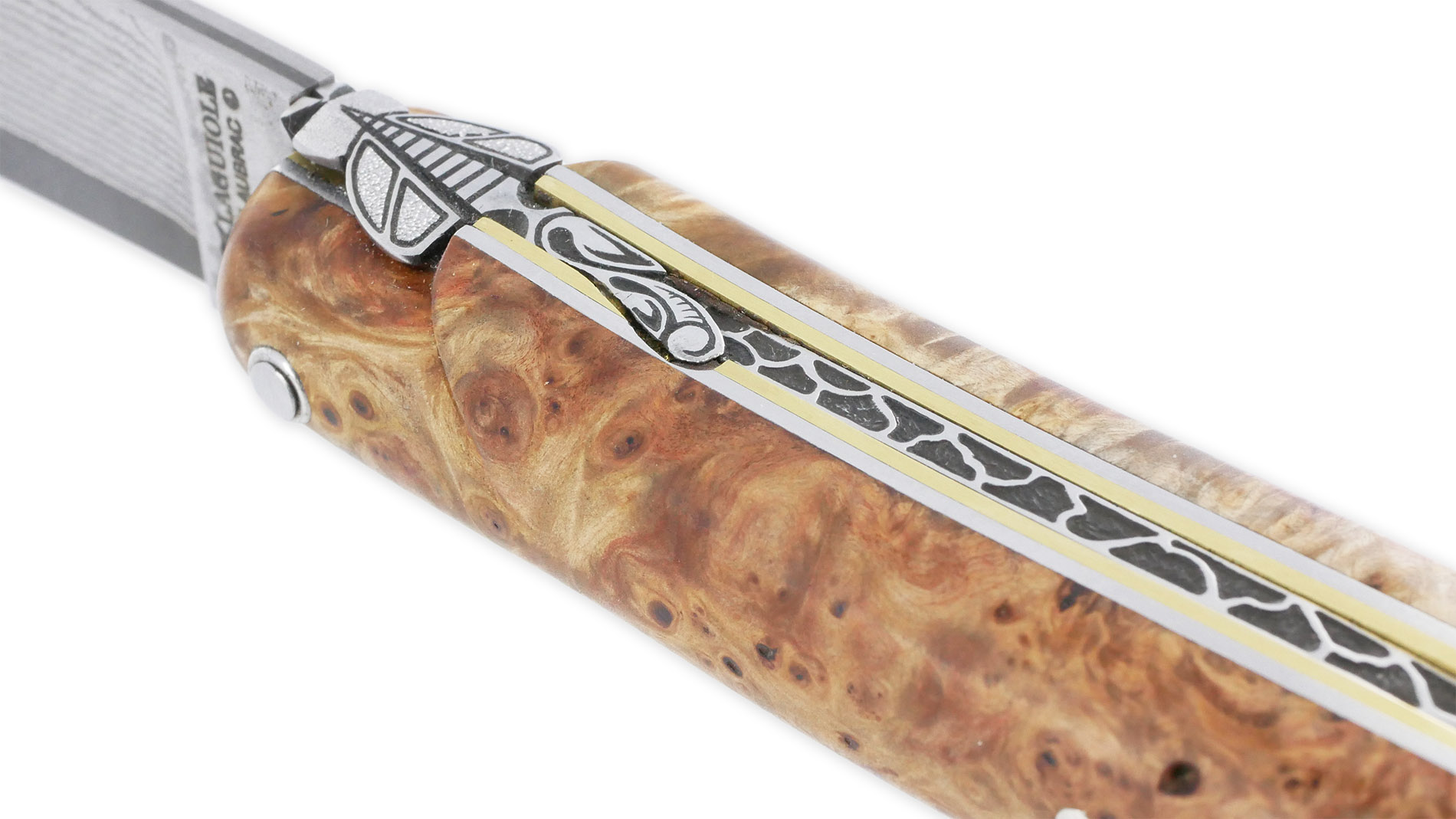 Couteau Prestige Laguiole en Aubrac 1 Pièce 12 cm Plein Manche en Loupe de Marronnier Double Patines Lame Damas