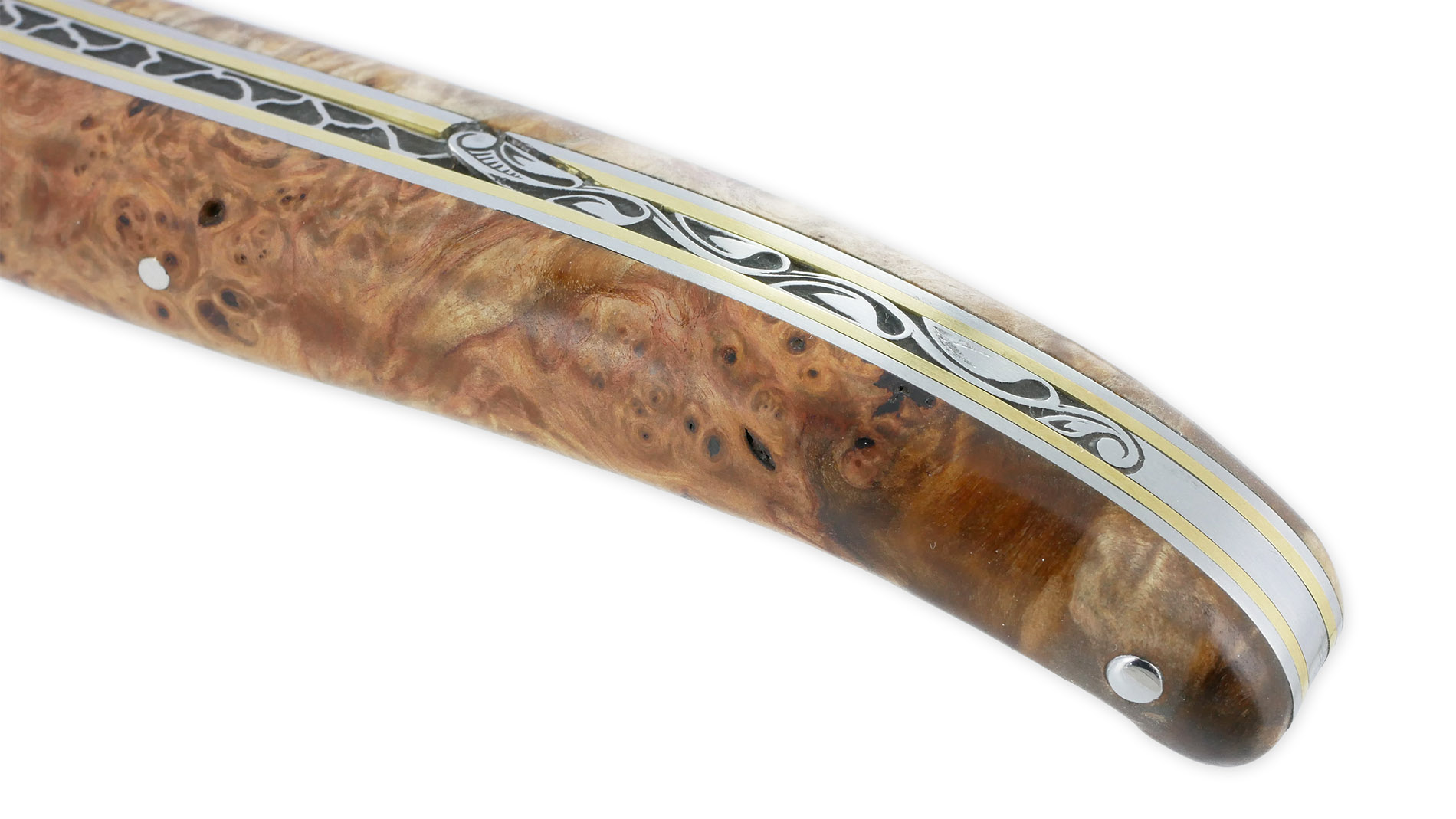 Couteau Prestige Laguiole en Aubrac 1 Pièce 12 cm Plein Manche en Loupe de Marronnier Double Patines Lame Damas