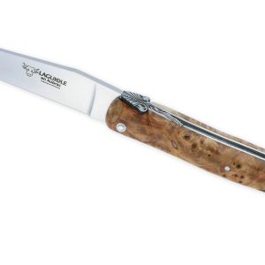 Couteau Prestige Laguiole en Aubrac 1 Pièce 12 cm Plein Manche en Loupe de Marronnier Platine Inox Ressort en creux Guilloché Main Mouche stylisée