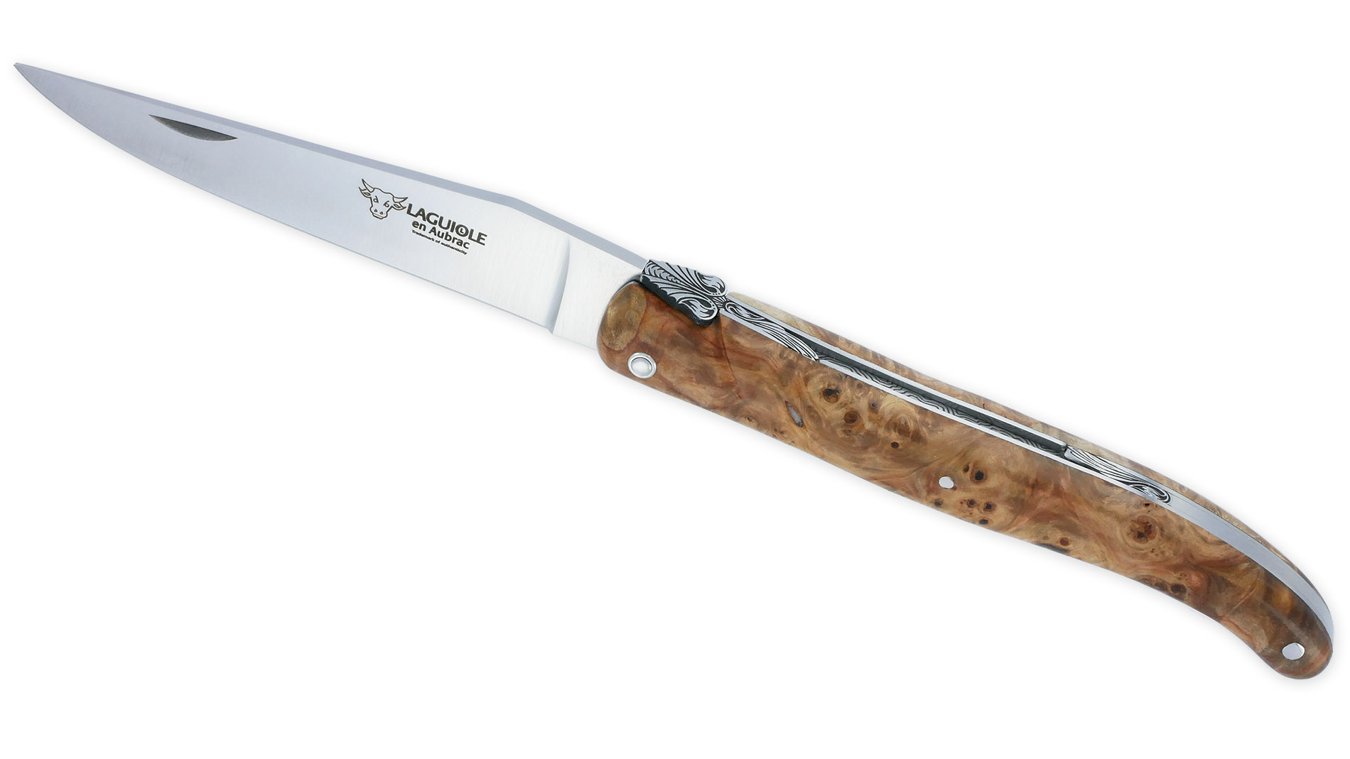 Couteau Prestige Laguiole en Aubrac 1 Pièce 12 cm Plein Manche en Loupe de Marronnier Platine Inox Ressort en creux Guilloché Main Mouche stylisée