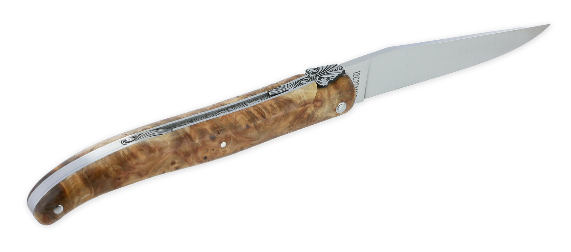 Couteau Prestige Laguiole en Aubrac 1 Pièce 12 cm Plein Manche en Loupe de Marronnier Platine Inox Ressort en creux Guilloché Main Mouche stylisée