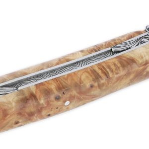 Couteau Prestige Laguiole en Aubrac 1 Pièce 12 cm Plein Manche en Loupe de Marronnier Platine Inox Ressort en creux Guilloché Main Mouche stylisée