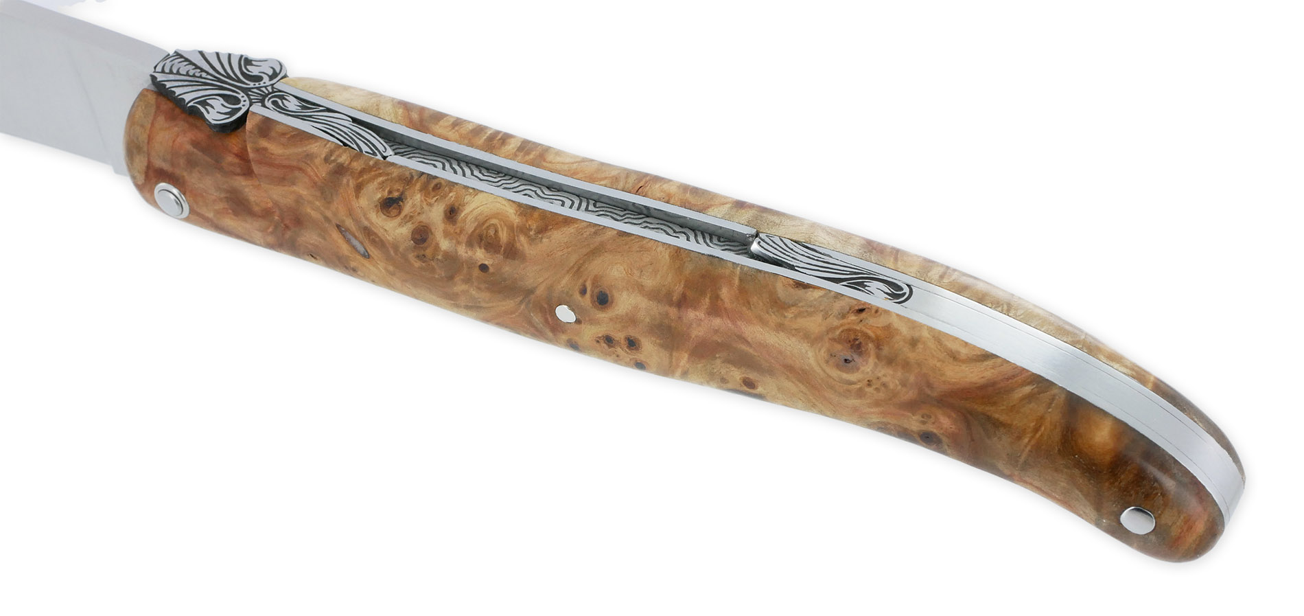 Couteau Prestige Laguiole en Aubrac 1 Pièce 12 cm Plein Manche en Loupe de Marronnier Platine Inox Ressort en creux Guilloché Main Mouche stylisée