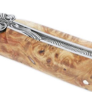 Couteau Prestige Laguiole en Aubrac 1 Pièce 12 cm Plein Manche en Loupe de Marronnier Platine Inox Ressort en creux Guilloché Main Mouche stylisée